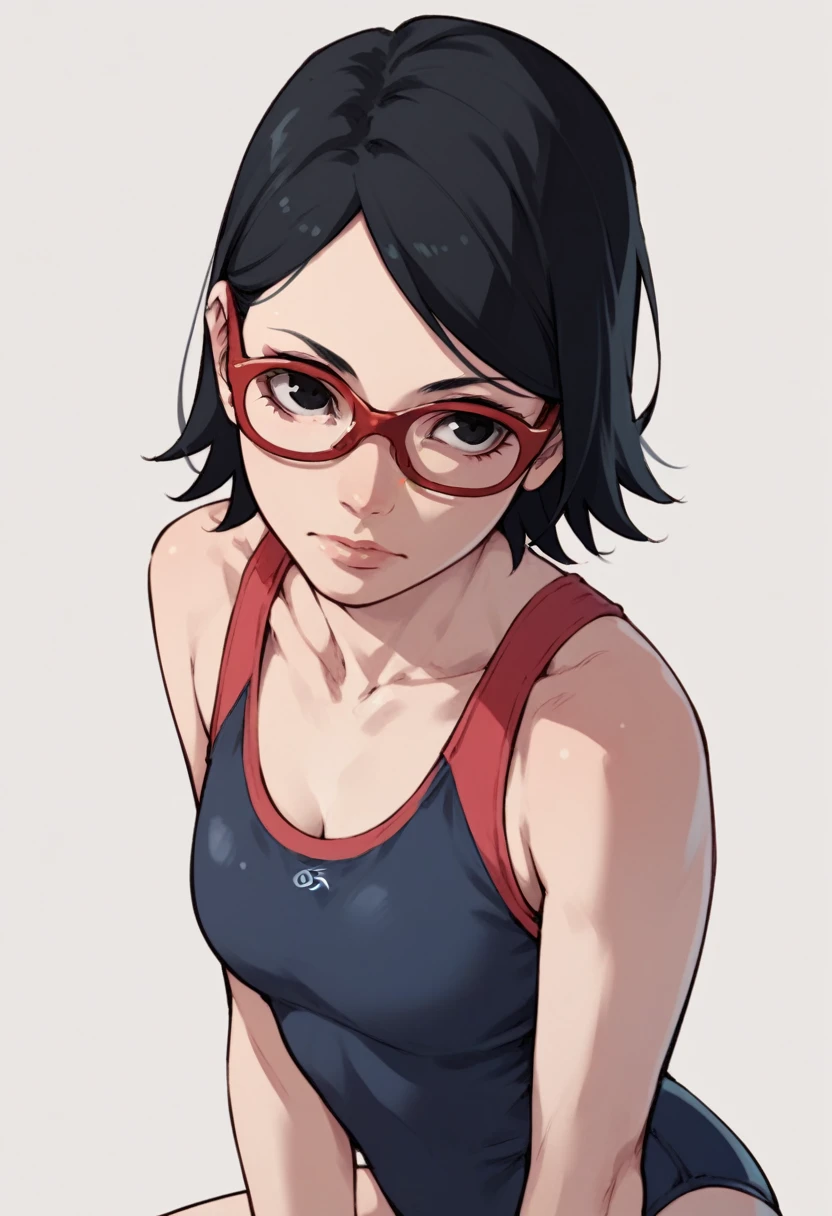 Sarada Uchiha, alone, 1 girl, black hair, short hair, red frame glasses, Glasses, black eyes, swimsuit 