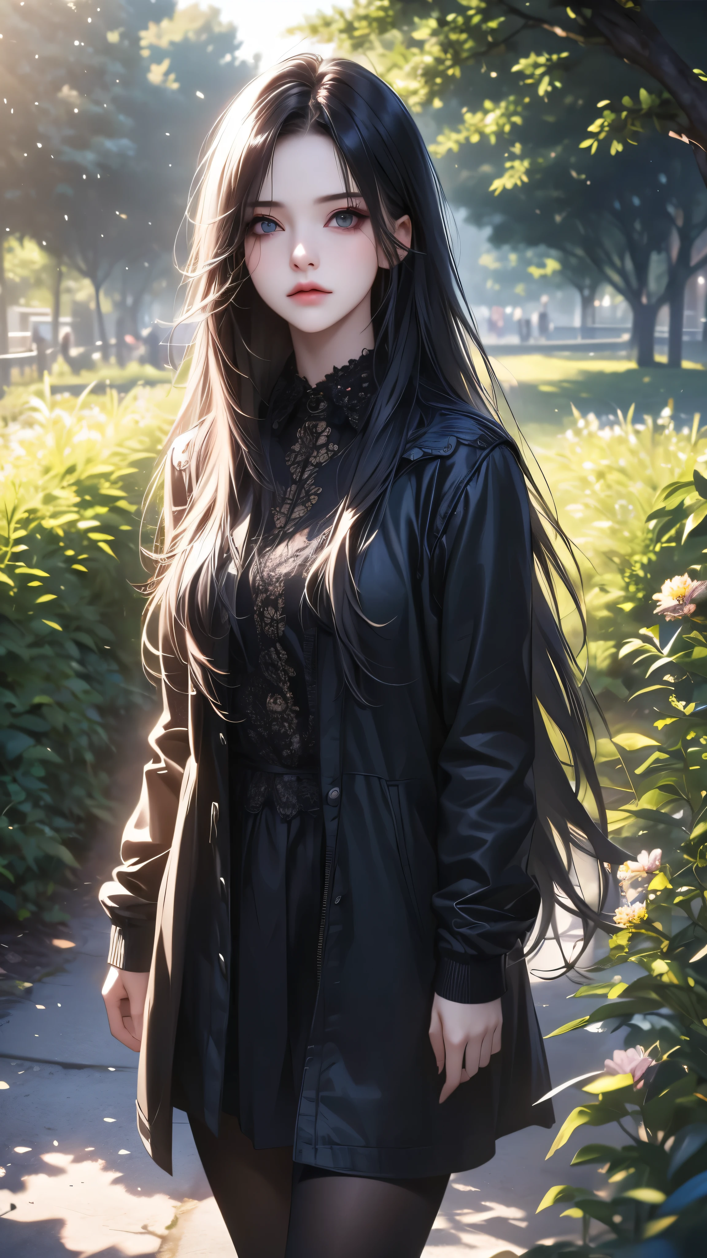 a cute emo girl, walking in a park, long hair, dark makeup, black clothes, holding a flower, detailed face, detailed eyes, beautiful detailed lips, lonely expression, emotional, moody, cloudy sky, lush greenery, warm sunlight, photorealistic, 8k, highly detailed, cinematic lighting, award winning digital art