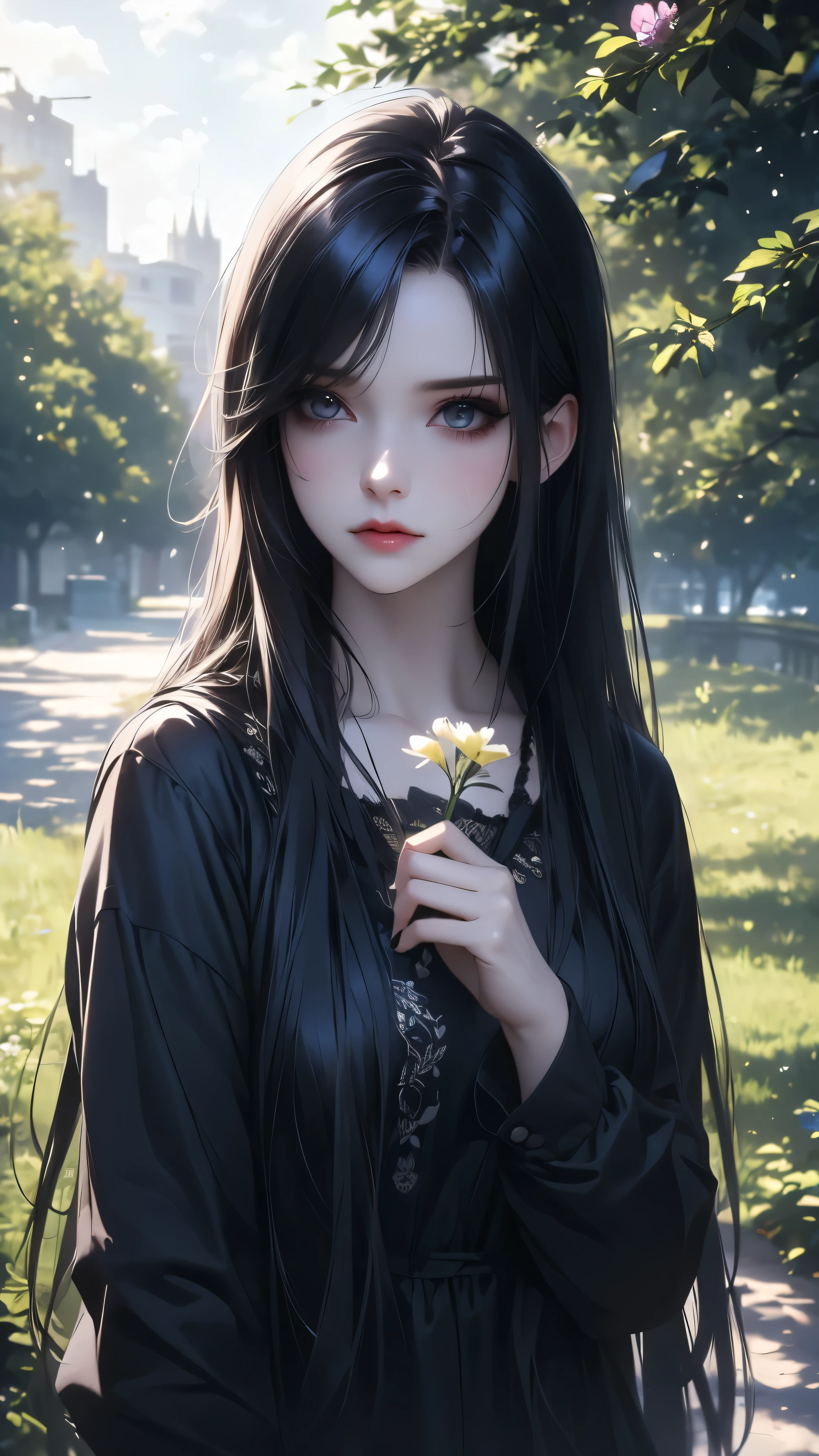 a cute emo girl, walking in a park, long hair, dark makeup, black clothes, holding a flower, detailed face, detailed eyes, beautiful detailed lips,  expression, emotional, moody, cloudy sky, lush greenery, warm sunlight, photorealistic, 8k, highly detailed, cinematic lighting, award winning digital art