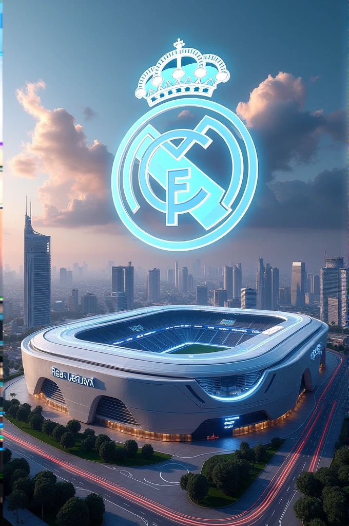 Futuristic stadium and the Real Madrid logo in the sky