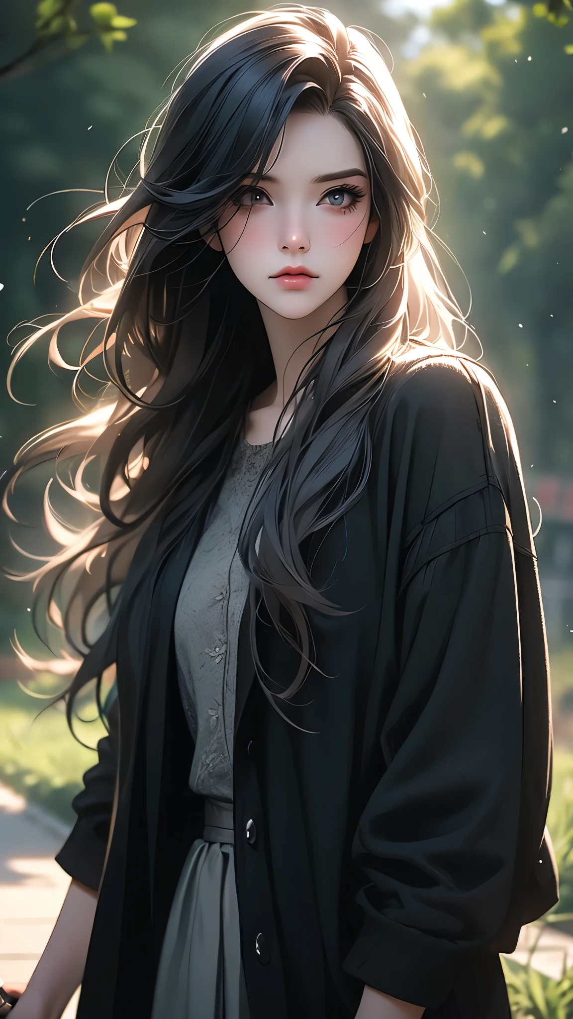 a cute emo girl, walking in a park, long hair, dark makeup, black clothes, holding a flower, detailed face, detailed eyes, beautiful detailed lips, lonely expression, emotional, moody, cloudy sky, lush greenery, warm sunlight, photorealistic, 8k, highly detailed, cinematic lighting, award winning digital art
