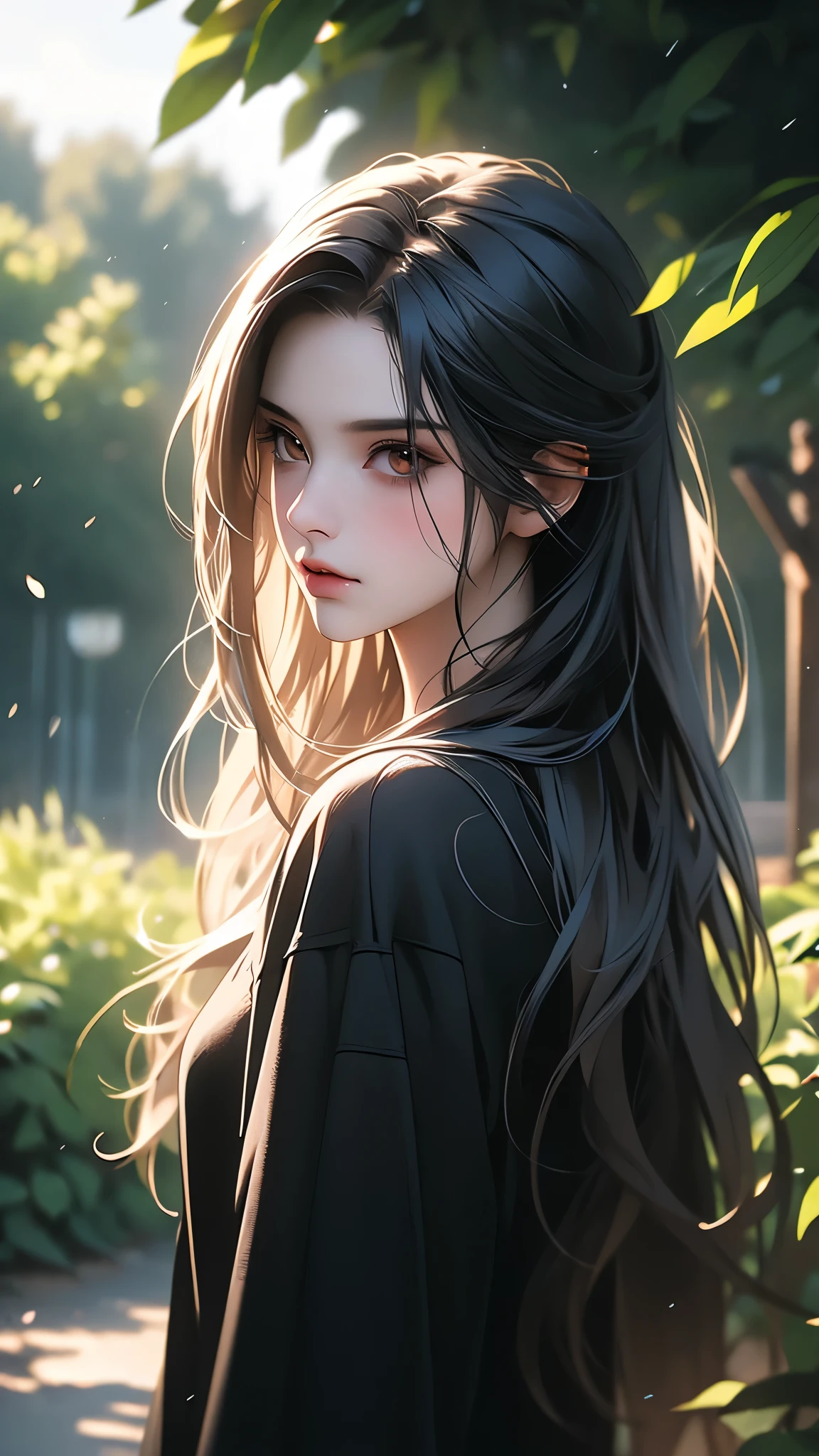 a cute emo girl, walking in a park, long hair, dark makeup, black clothes, holding a flower, detailed face, detailed eyes, beautiful detailed lips, lonely expression, emotional, moody, cloudy sky, lush greenery, warm sunlight, photorealistic, 8k, highly detailed, cinematic lighting, award winning digital art