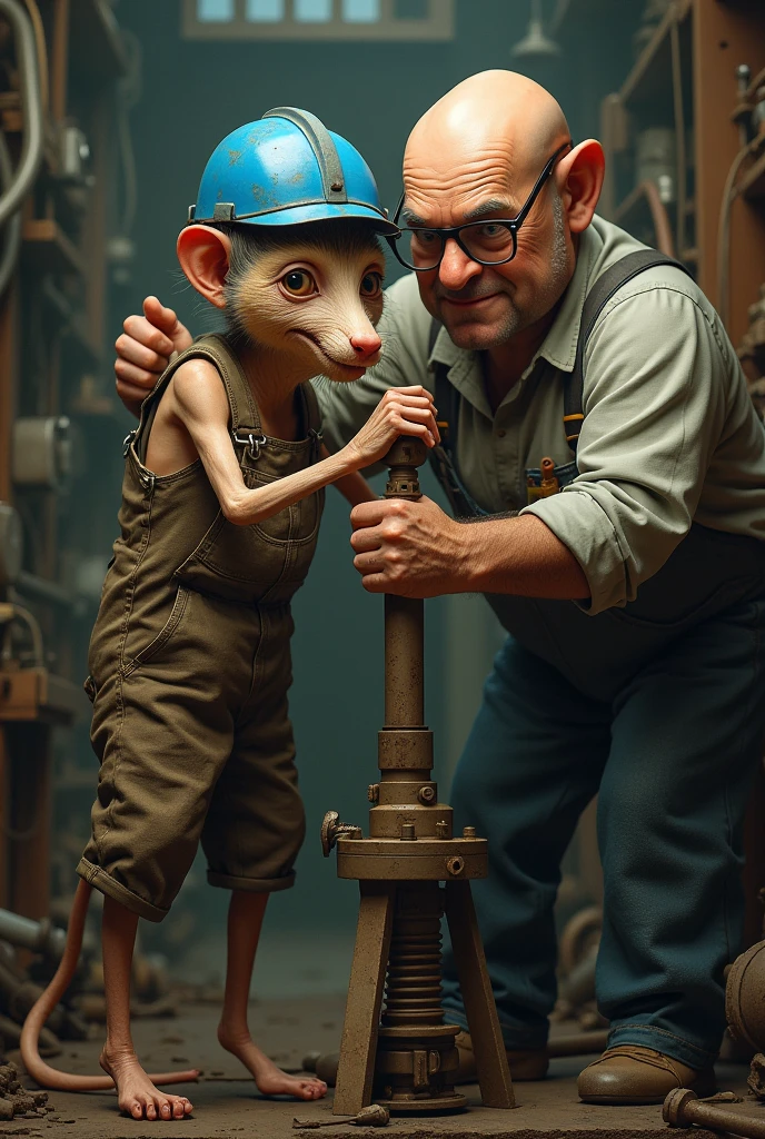 old weasel in human form with blue work helmet, working on a lever accompanied by a bald man with glasses