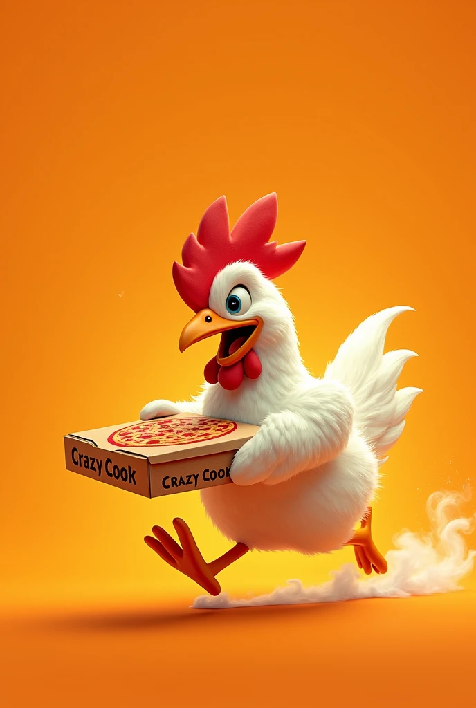 chicken running away with a pizza box named crazy cook with animated orange background
