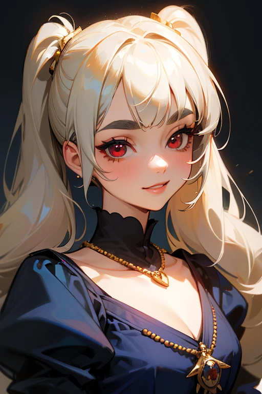 (Highest quality, masterpiece:1.2), High resolution, The highest masterpiece、Very detailed, Realistic:1.37, Fantasy, An illustration,Gray Hair、 Red eyes、Queen, Navy and blue dress、beautifully、Eyeshadow Red、Thick eyebrows、Long eyelashes、pupils are black、shiny on the lips、Top Sites、Queen、Princess、A kind smile、Soft impression、people々々々Loved by、Slimming the face、Shoulder Bare、ponytail、Kissing Face、(Long white hair).Shaggy Bangs、(Save face image).(Goshikta)、(A kind smile)、(Background white)、(Gold Necklace).((Twin tails)).