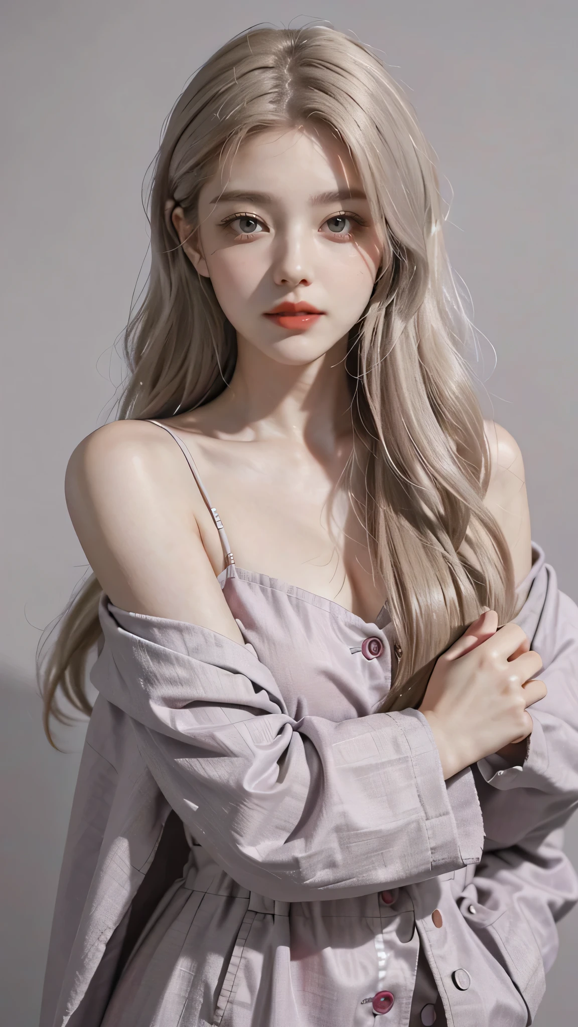 Girl wearing, luxury lavender coat, shoulder length hair, wavy hair, glowing skin, star in eye, red lips, grey background, cute poses , upper body, light blonde hair.