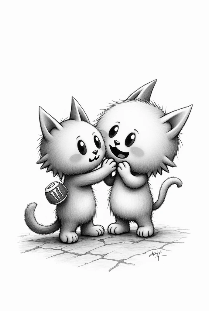 the cat of *fasfu burgers* making collaboration with the monster energy company drawn in black and white pencil
