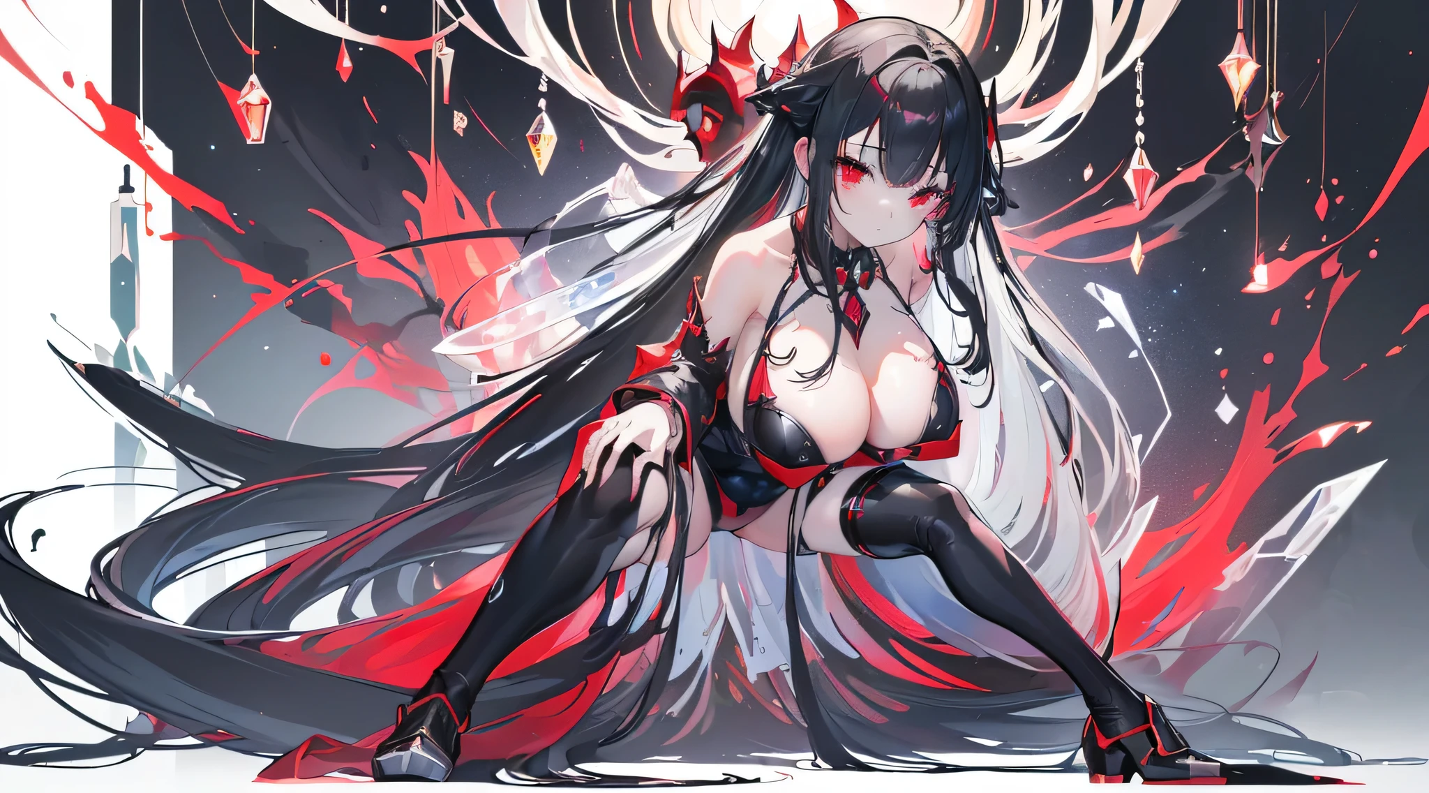 Exquisite eyes),(Clear and beautiful eyes:1.61),masterpiece, ung girl,(Black clothes and some red gems), Black long hair, (She has a huge red gem on her chest), Good Hand,((The Havoc of StarCraft)),full-body shot,Fighting Stance,(Red Eyes:1.466),short and small,(Very big breasts:1.35),(Pretty Face),(full-body shot:1.33),Beautiful hands
