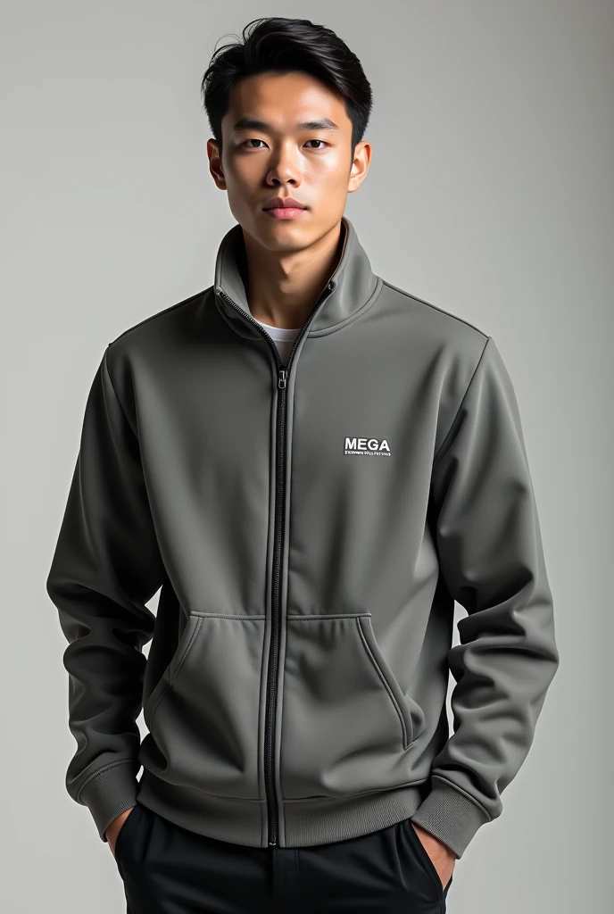 Create an elegant and youthful men's sweatshirt with a collar for a company called Mega Distributions