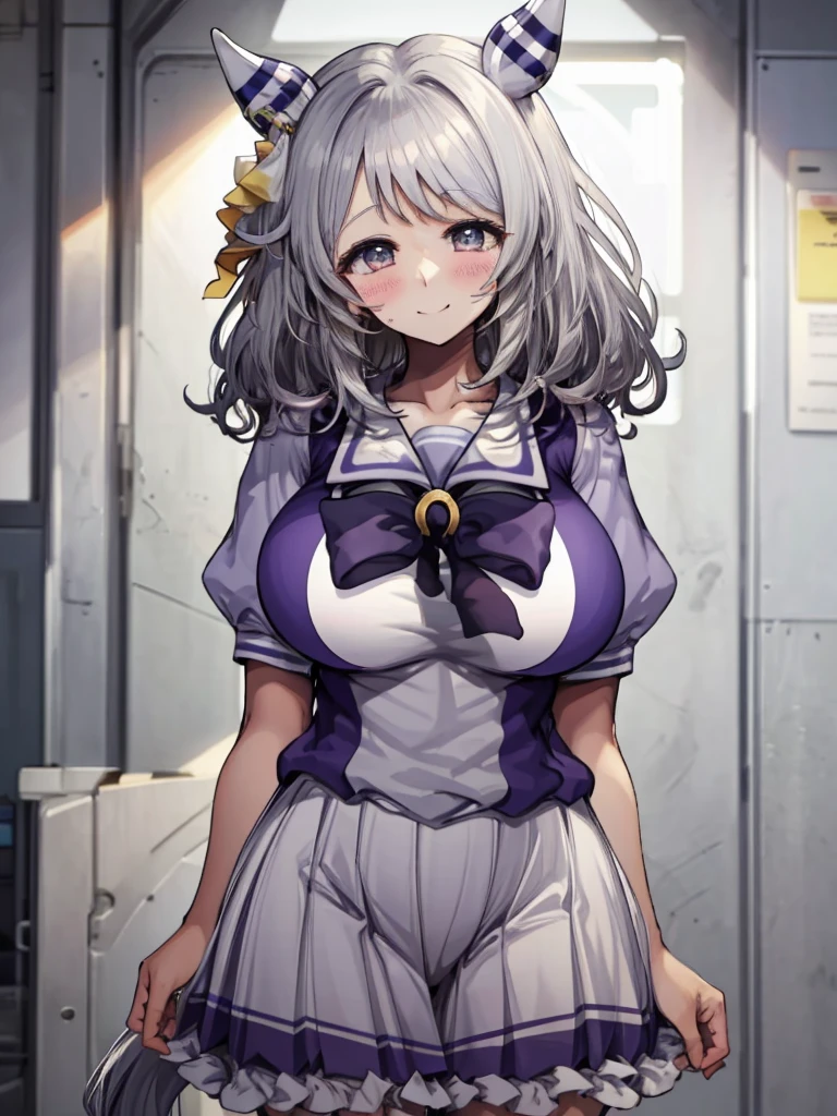 (((masterpiece))), ((Highest quality)), 1 person, One Woman, alone,Glowing Skin,(Bust Shot),(Motsuaki), hishi miracle, horse ears, hair ornament, horse tail, tracen school uniform, purple shirt, puffy short sleeves, white skirt, white thighhighs, Gray Hair,(Detailed Eyes),Eye highlights, ((((Very large breasts)))), Narrow waist, Big Ass, smile、((blush)),