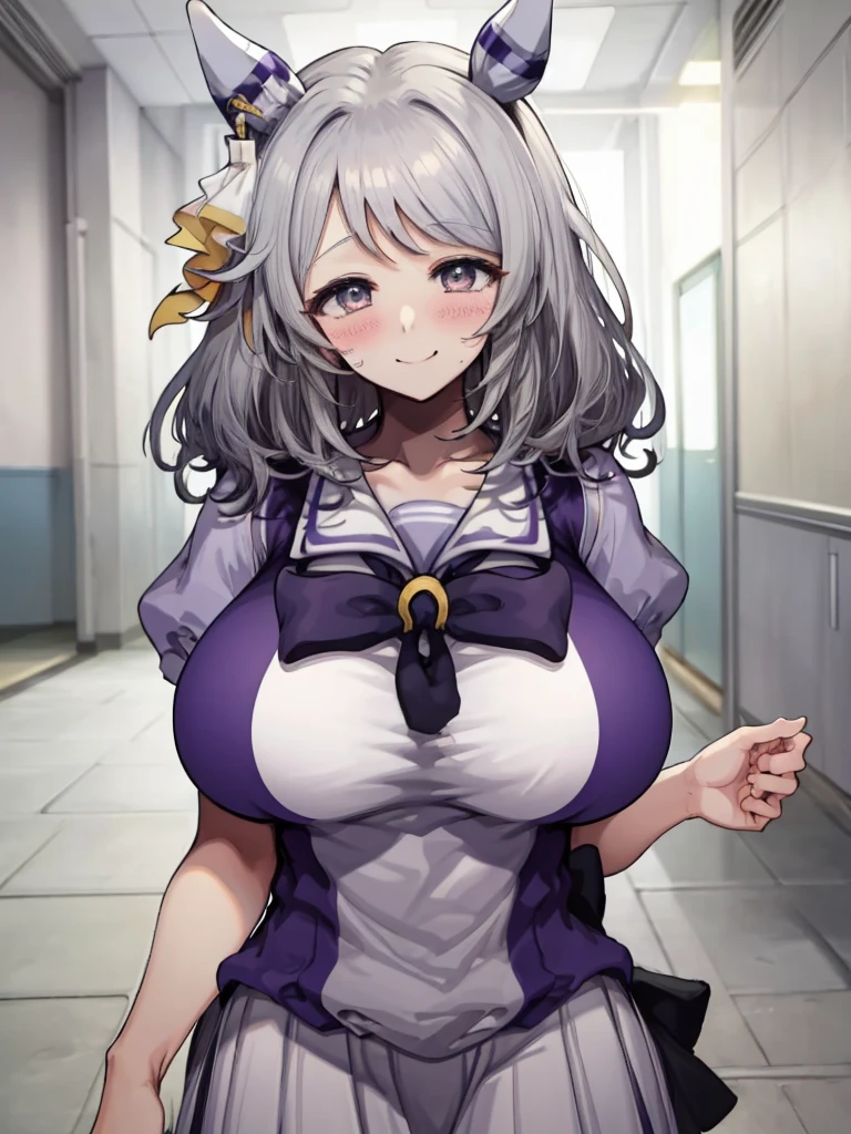 (((masterpiece))), ((Highest quality)), 1 person, One Woman, alone,Glowing Skin,(Bust Shot),(Motsuaki), hishi miracle, horse ears, hair ornament, horse tail, tracen school uniform, purple shirt, puffy short sleeves, white skirt, white thighhighs, Gray Hair,(Detailed Eyes),Eye highlights, ((((Very large breasts)))), Narrow waist, Big Ass, smile、((blush)),