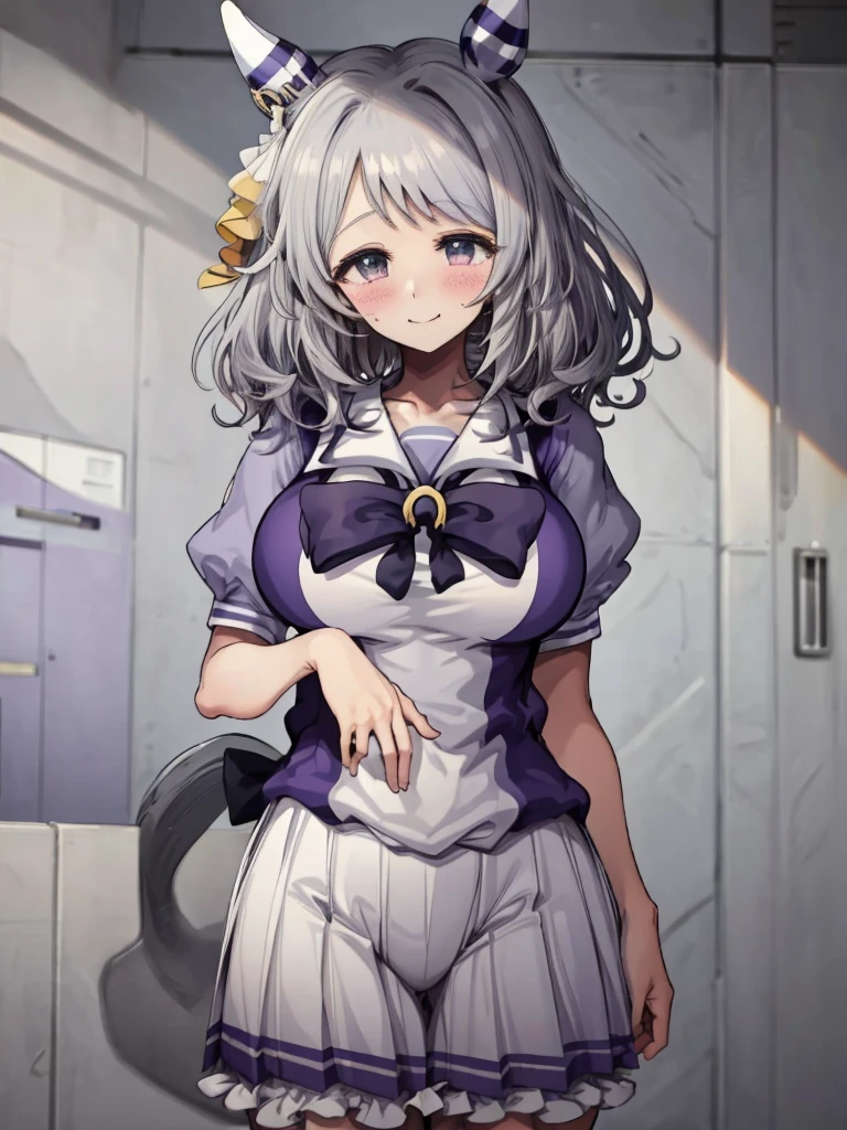 (((masterpiece))), ((Highest quality)), 1 person, One Woman, alone,Glowing Skin,(Bust Shot),(Motsuaki), hishi miracle, horse ears, hair ornament, horse tail, tracen school uniform, purple shirt, puffy short sleeves, white skirt, white thighhighs, Gray Hair,(Detailed Eyes),Eye highlights, ((((Very large breasts)))), Narrow waist, Big Ass, smile、((blush)),