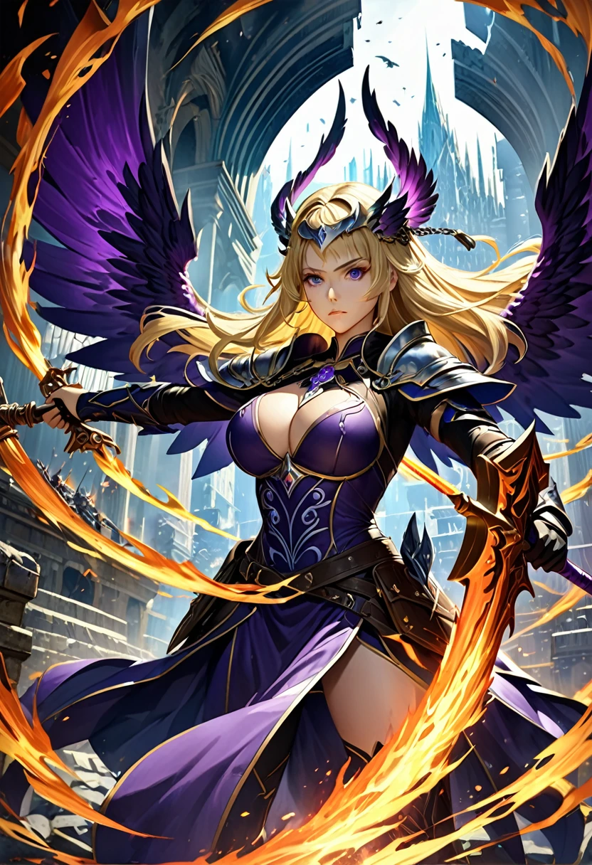 A beautiful young woman with a determined look posing with her intimidating powers on display, long flowing blonde and purple hair adorned with a intricatly detailed headpiece, wearing a battle tunic made of leather with flowing ribbons and chains laced with intricate details and gems. guild wars. (Large breasts), a battle mage wielding fire and ice powers, floating in the air in a epic battle amidst a realistic crumbling city caught in an apocalyptic event. Winged demons attack appearing through portals. Masterpiece, ((highly detailed)), 4k. Epic and dynamic lighting with deep shadows and highlights from magical powers.