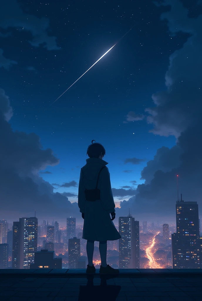 (best quality, masterpiece, ultra detailed), place: City rooftop footage: The protagonist stands on the roof of a skyscraper again.、Looking up at the night sky。A shooting star shines in the night sky this time、A ray of hope。The camera slowly pans out from the protagonist&#39;s back into the night sky.。Close-up of the main character&#39;s profile