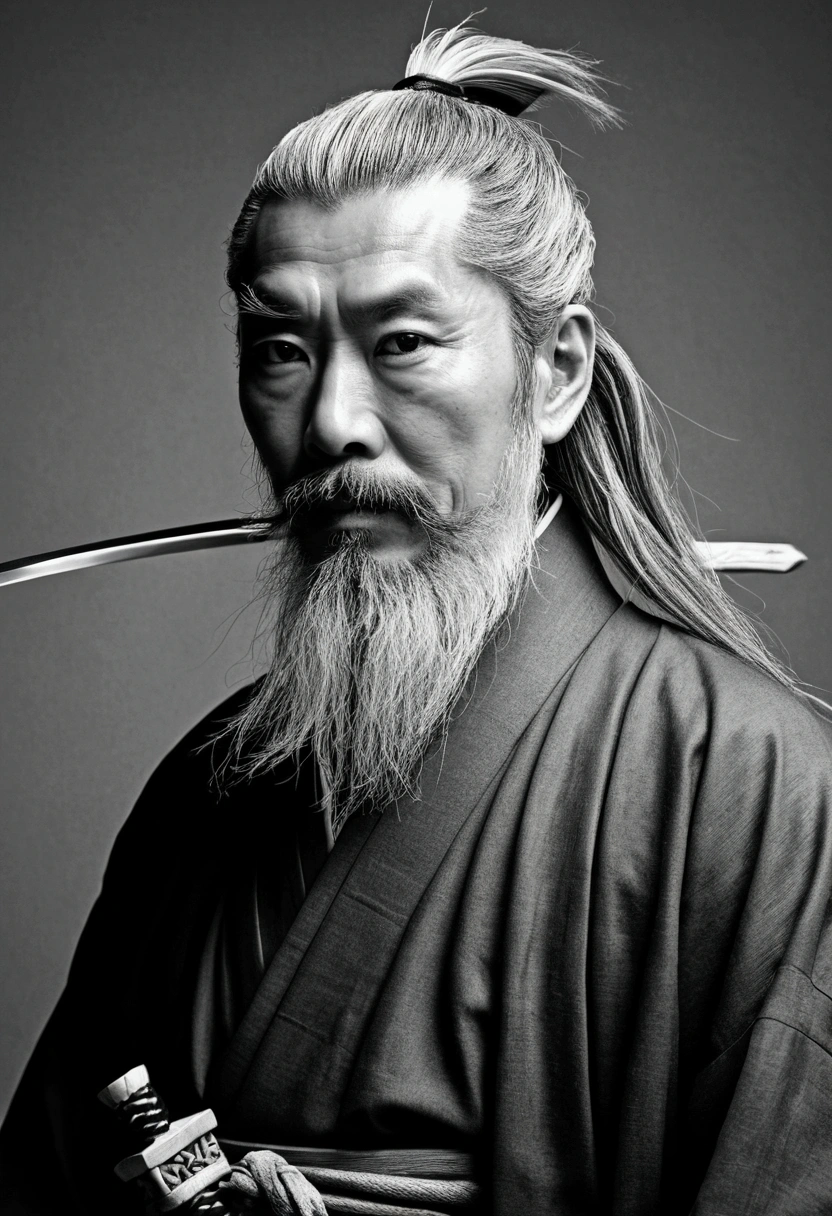 black and white images,gray hair,white long beard,Image of a man with a sword in his hand, Samurai portrait, inspired by Kano Sanraku, miyamoto musashi, ancient Japanese samurai, Samurai portrait, Japanese samurai, inspired by Wu Daozi, samurai style, wandering samurai man, traditional japanese conceptual art, Works inspired by Kano Hogai