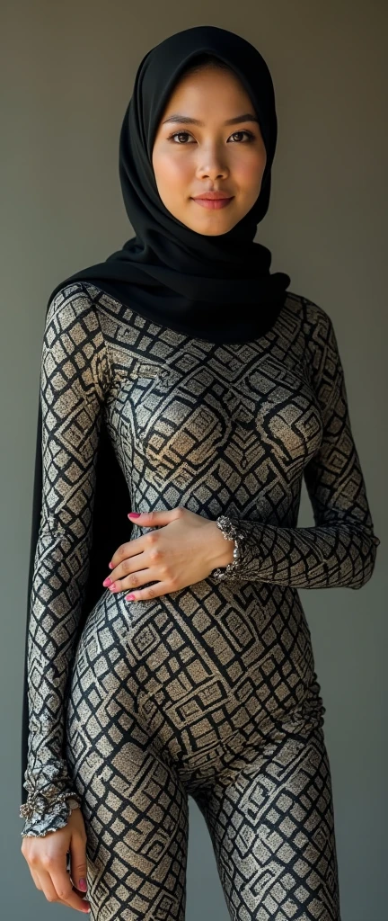 The most beautiful,thin,most pretty and clever Malaysian muslimah adult girl wears milksnake print lycra turtleneck unitard catsuit covered with patterns.She always wear milksnake print lycra dancewear stretchy square hijab covered with many patterns.




