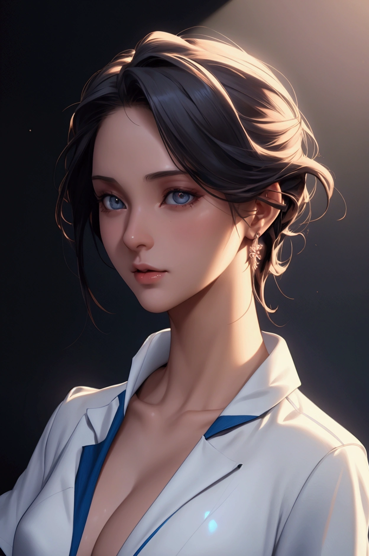 Fantasy Art, photorealism, dynamic lighting, art station, poster, volumetric lighting, very detailed faces, (Uniforme oficial: 1.4), broad, naked, delicate clavicle, full breasts