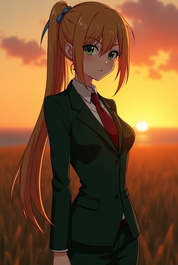 Violet Evergarden in a suit with the sunset behind her, that can only be seen from the waist up, dull emerald green eye color