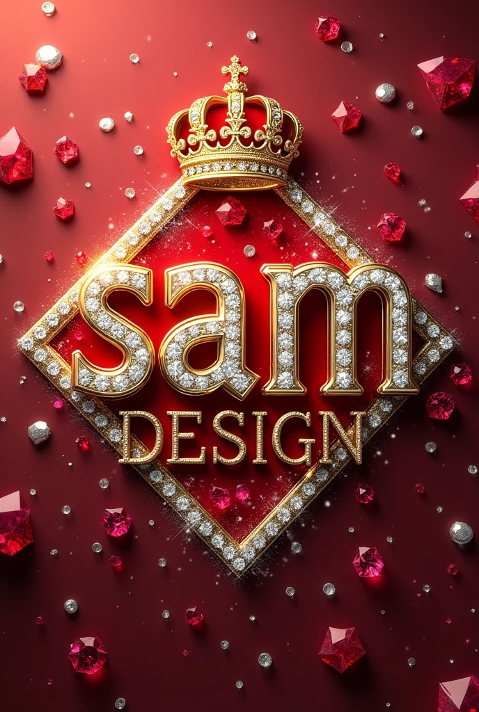 une Touche colorée 3D de gold de feu et de blanc, avec le texte métallique nom "Samdesign" écrit en losanges ». inclure des rubis et des diamants avoir une couronne sur ce nom