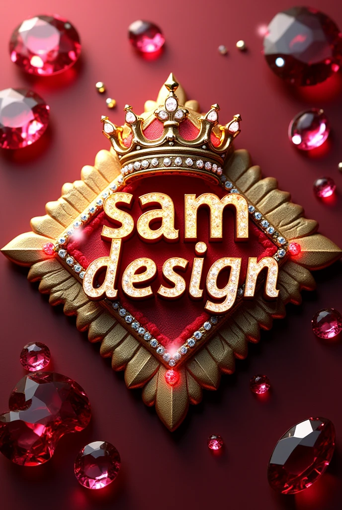 une Touche colorée 3D de gold de feu et de blanc, avec le texte métallique nom "Samdesign" écrit en losanges ». inclure des rubis et des diamants avoir une couronne sur ce nom