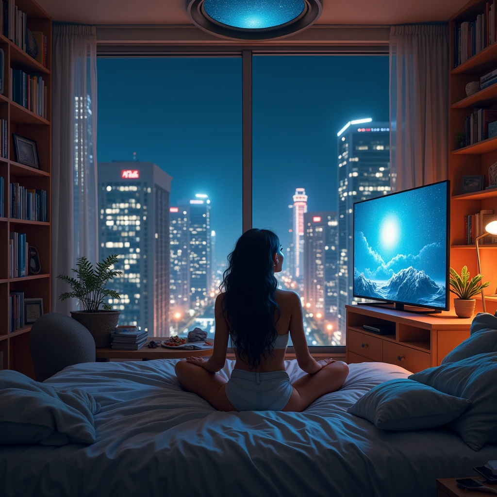 realistic photo of a (pretty girl, 20 years old, brunette, black eyes) at her room viewing TV in a flat wide screen into a cozy apartament into a glass building , (full lips) , ((perfect face)), [[mild smile]], proportionate body,mixed white-latina herritage, beautyfull, beautyfull face, [nubyan nose], [tanned skin], two arms, two legs, five fingers by hand, full body, (softly curly black long hair), girl in confortable sleepewar looking a wide flat screen from her bed, flat screen over glass panels, flat screen holding over glss panels, bookshelves with books and collectibles, mezzy stuff on floor, starred sky behind pothole at ceiling, confortably lying with feet over bed, photo taken from the back to feet, confortable appartament into glass building, night neon cyberpunk city behind huge glass panels
