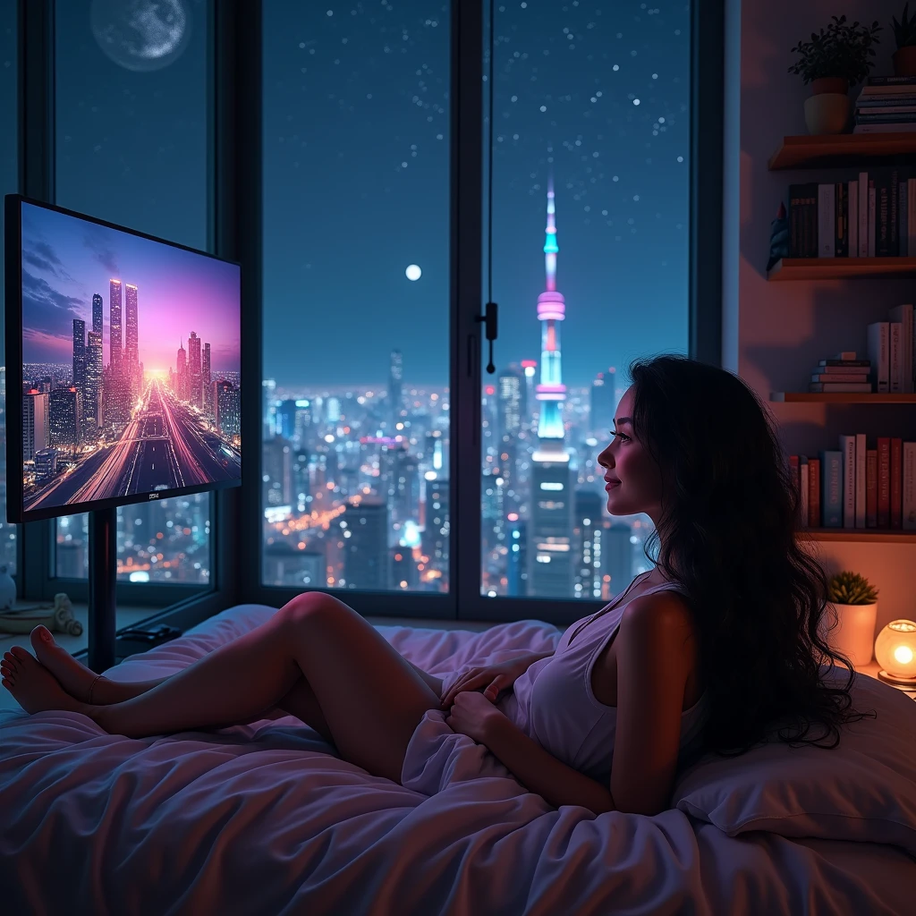 realistic photo of a (pretty girl, 20 years old, brunette, black eyes) at her room viewing TV in a flat wide screen into a cozy apartament into a glass building , (full lips) , ((perfect face)), [[mild smile]], proportionate body,mixed white-latina herritage, beautyfull, beautyfull face, [nubyan nose], [tanned skin], two arms, two legs, five fingers by hand, full body, (softly curly black long hair), girl in confortable sleepewar looking a wide flat screen from her bed, flat screen over glass panels, flat screen holding over glss panels, bookshelves with books and collectibles, mezzy stuff on floor, starred sky behind pothole at ceiling, confortably lying with feet over bed, photo taken from the back to feet, confortable appartament into glass building, night neon cyberpunk city behind huge glass panels
