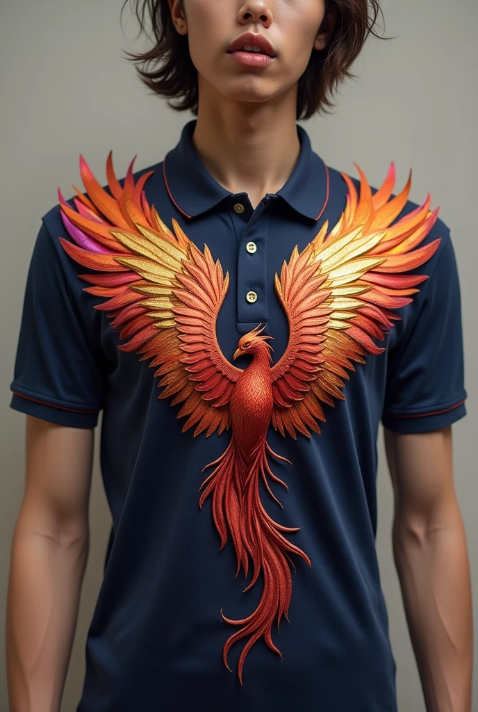 (photorealism:1.2), Design a polo shirt with phoenix feathers on the chest and shoulders that form wings