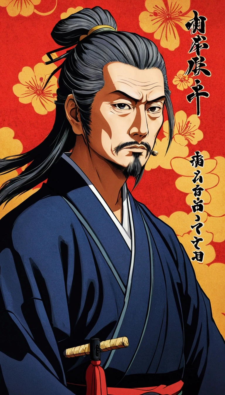 「portrait of miyamoto musashi。around him、Illustrations from previous episodes are used as backgrounds..。