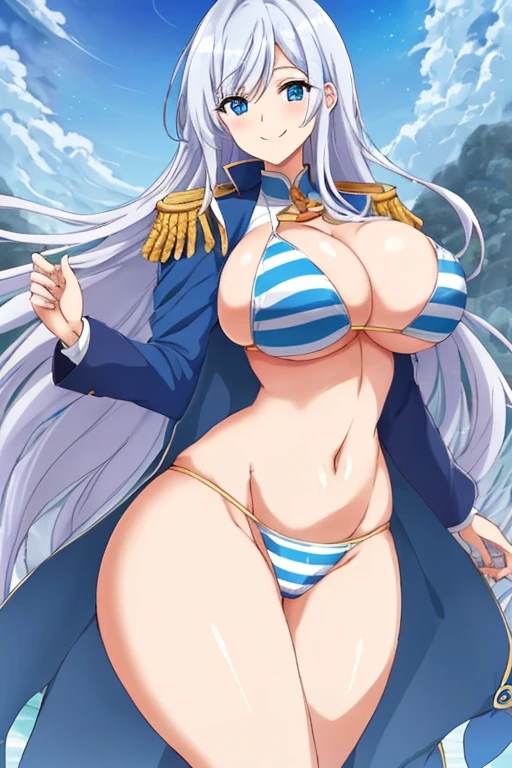 1girl, large breasts, thick thighs, wide hips, blue jacket, blue eyes, white hair, horizontal stripes, striped bikini, smile, happy, light smile, long hair, open jacket, bikini, 2d, anime style, anime screencap, epaulettes, (blue stripes), hourglass figure, mature female