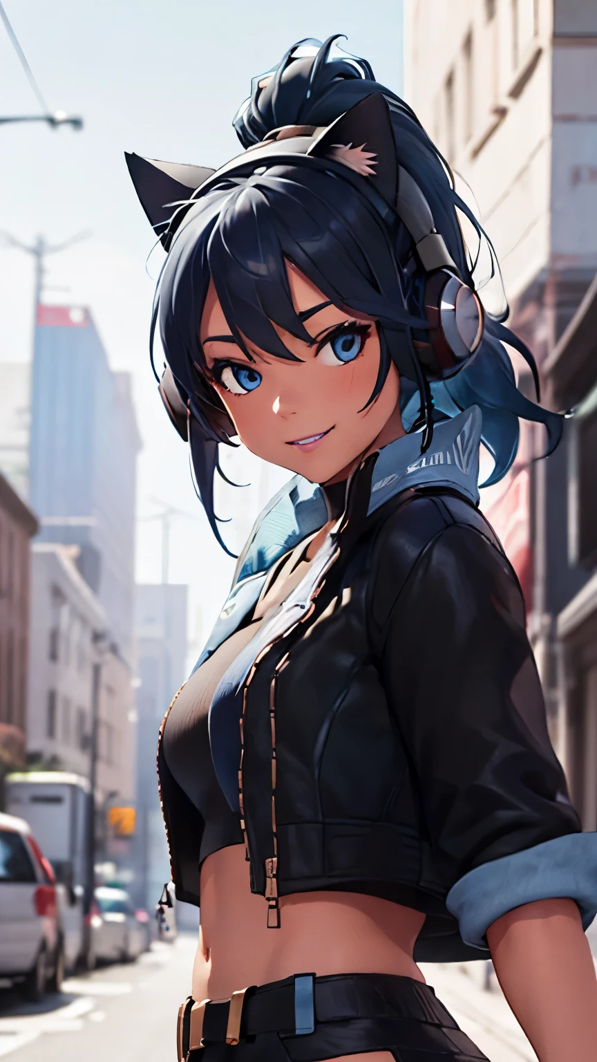 City background, 1girl, solo, HeroicHopeFN, Heroic Hope from fortnite, (crop top, black top, open clothes), (jacket crop top, black jacket, blue loose, jacket loose), fingerless gloves, black pants, blue belt, blue hair, ponytail, blue eyes, headphones, cat ears headphones, holster, holster spray cans, purple lips, lipsticks, smirk, upper body, body facing viewer, looking at viewer,