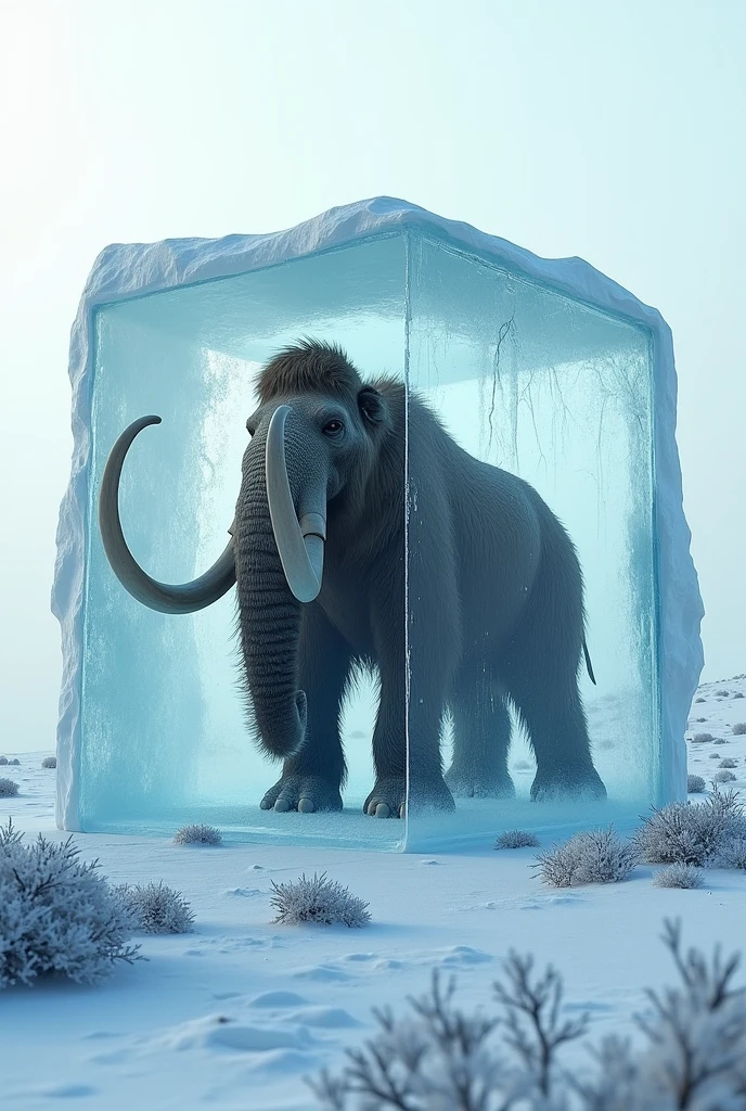 Visualize a massive woolly mammoth encased within a large, perfectly transparent block of ice. The mammoth is depicted in a majestic pose, with its thick fur and enormous tusks clearly visible through the ice. The ice block is crystal clear, capturing the fine details of the mammoth’s ancient features, with tiny air bubbles and cracks running through the ice. The mammoth appears as if frozen in time, its expression calm yet powerful. The block of ice rests on a cold, barren landscape, with a pale, wintry sky overhead, giving a sense of isolation and timelessness."