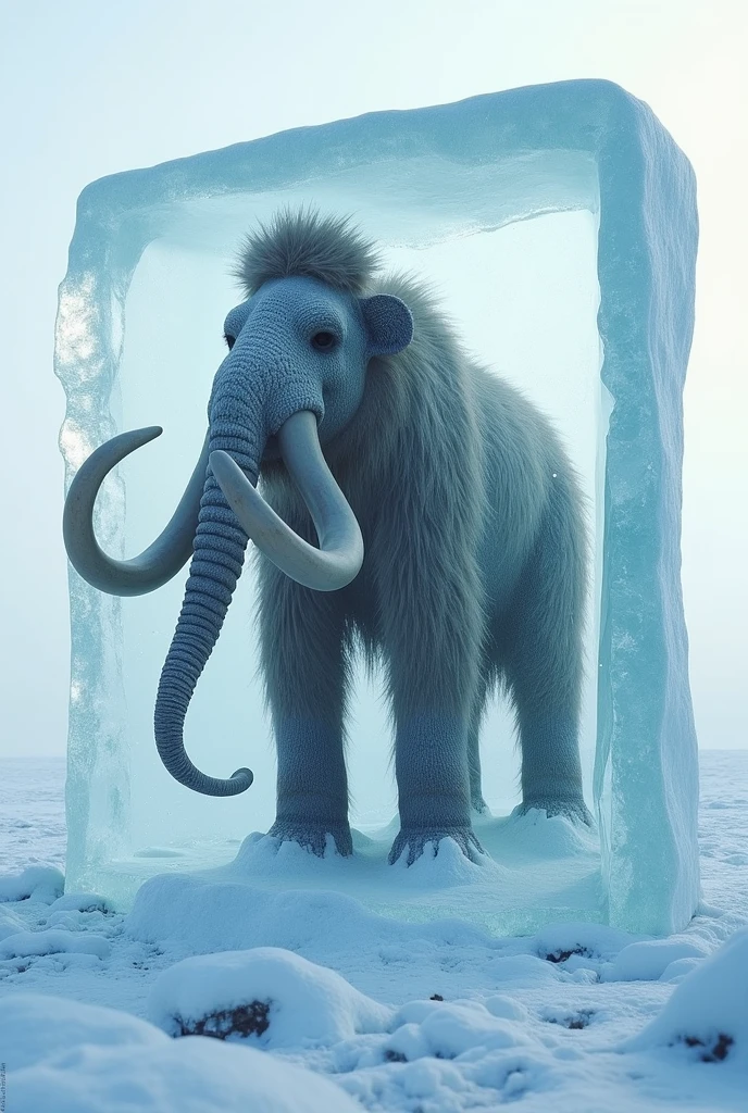 Visualize a massive woolly mammoth encased within a large, perfectly transparent block of ice. The mammoth is depicted in a majestic pose, with its thick fur and enormous tusks clearly visible through the ice. The ice block is crystal clear, capturing the fine details of the mammoth’s ancient features, with tiny air bubbles and cracks running through the ice. The mammoth appears as if frozen in time, its expression calm yet powerful. The block of ice rests on a cold, barren landscape, with a pale, wintry sky overhead, giving a sense of isolation and timelessness."