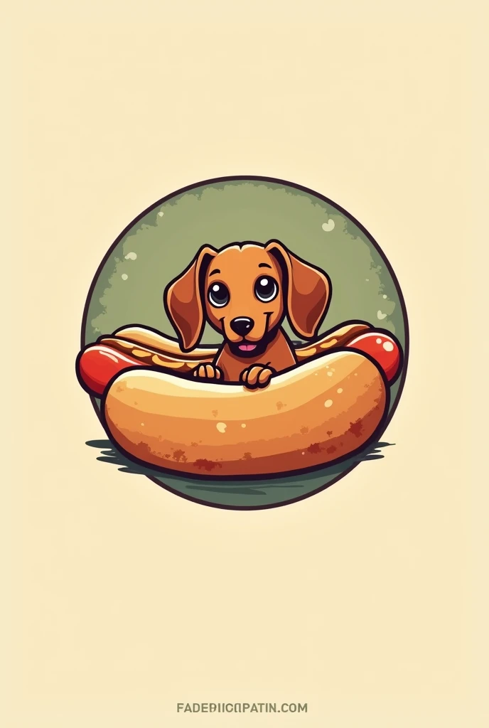 Give me a logo with a sausage dog inside a hog dog bun and make the logo round
