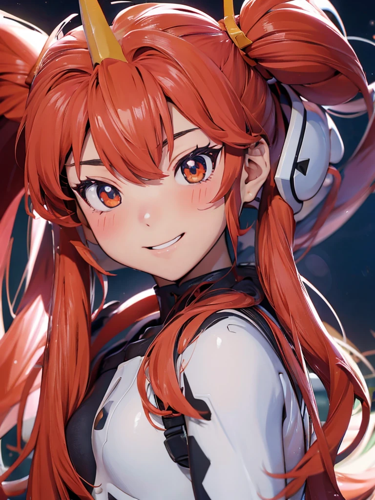 Asuka Langley in a provocative pose at a military base. looking at the viewer, smile, twin tails, blush, breasts, masterpiece, The best quality, necessary, Alta resolución, Senos grandes, NSFW