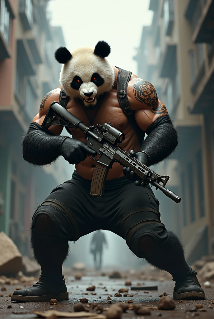 Create a shirtless man with a panda head teror holding an M4 in an attack position pubg mobile