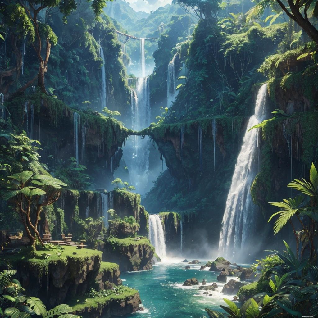 masterpiece, Best Quality, (Extremely detailed CG Unity 8k wallpapers), (Best Quality), (best illustrations), (best shadows), Earth suspended in the air with vines at the base. , with rainforest on both sides, with waterfalls falling from above, Isometric 3D, Octane rendering, ray tracing, Super detailed
