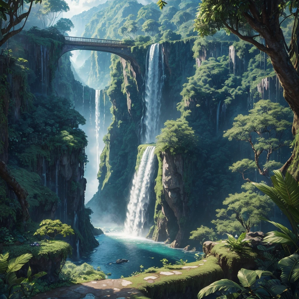 masterpiece, Best Quality, (Extremely detailed CG Unity 8k wallpapers), (Best Quality), (best illustrations), (best shadows), Earth suspended in the air with vines at the base. , with rainforest on both sides, with waterfalls falling from above, Isometric 3D, Octane rendering, ray tracing, Super detailed
