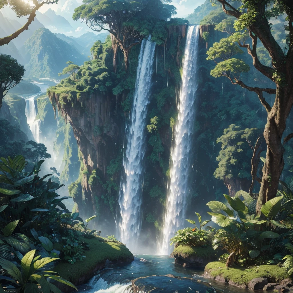 masterpiece, Best Quality, (Extremely detailed CG Unity 8k wallpapers), (Best Quality), (best illustrations), (best shadows), Earth suspended in the air with vines at the base. , with rainforest on both sides, with waterfalls falling from above, Isometric 3D, Octane rendering, ray tracing, Super detailed