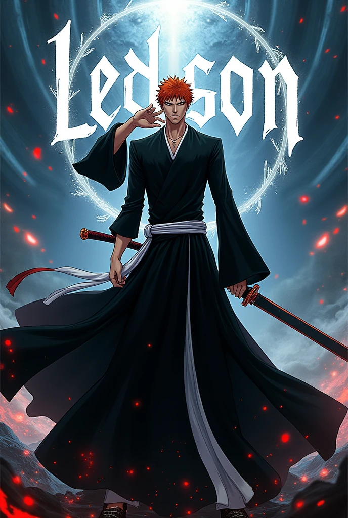 Generates an image of bleach from the comic series in front and the name Ledsson in the background so everything is nice, for 4k wallpaper and unique please 