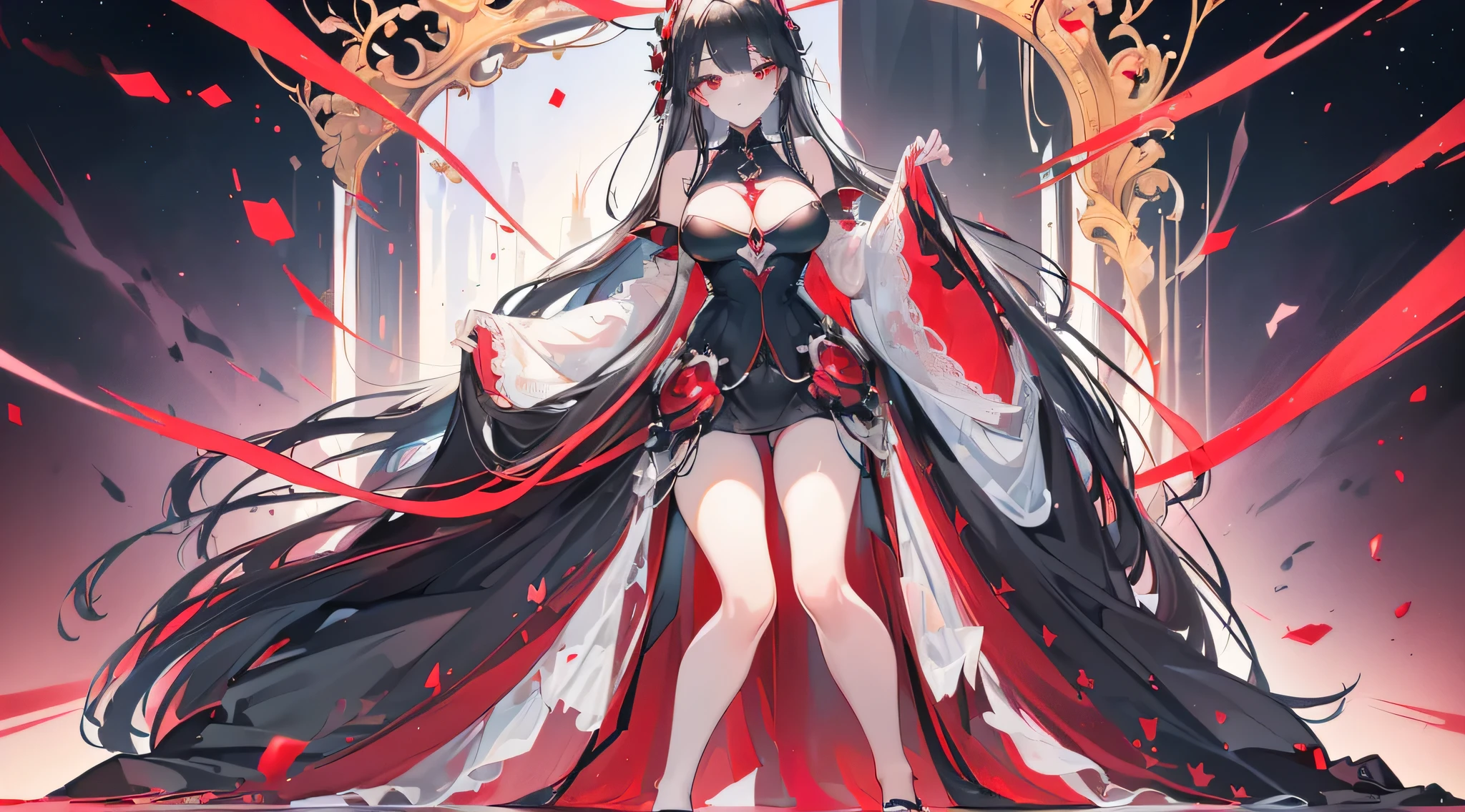 Exquisite eyes),(Clear and beautiful eyes:1.61),masterpiece, ung girl,(Black clothes and some red gems), Black long hair, (She has a huge red gem on her chest), Good Hand,((The Havoc of StarCraft)),full-body shot,Fighting Stance,(Red Eyes:1.466),short and small,(Very big breasts:1.35),(Pretty Face),(full-body shot:1.33),Beautiful hands