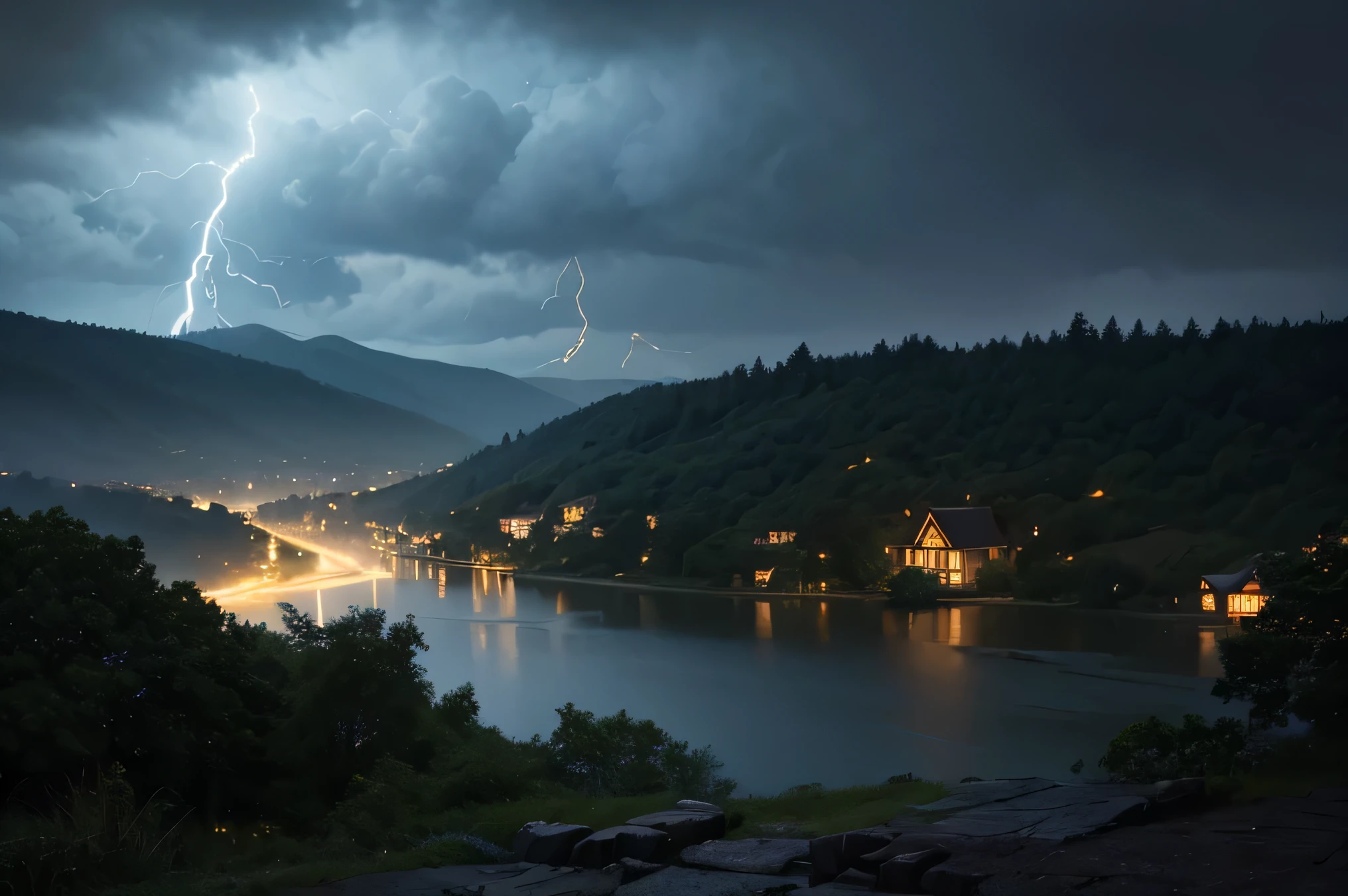"A dark and stormy night envelops the Hyrule region, with heavy rain pouring down and fierce winds howling through the landscape. The sky is filled with thick, ominous clouds that obscure the moon and stars, occasionally illuminated by flashes of lightning. Rolling hills and dense forests are barely visible in the darkness, shrouded in mist and rain. In the distance, the outlines of small cottages and farmhouses can be seen, their windows faintly glowing with candlelight as the residents brace for the storm. The trees sway violently, and the river that winds through the countryside is swollen and turbulent, reflecting the chaotic energy of the night. The entire scene is charged with a sense of foreboding, as if the very land is holding its breath, waiting for something to unfold."