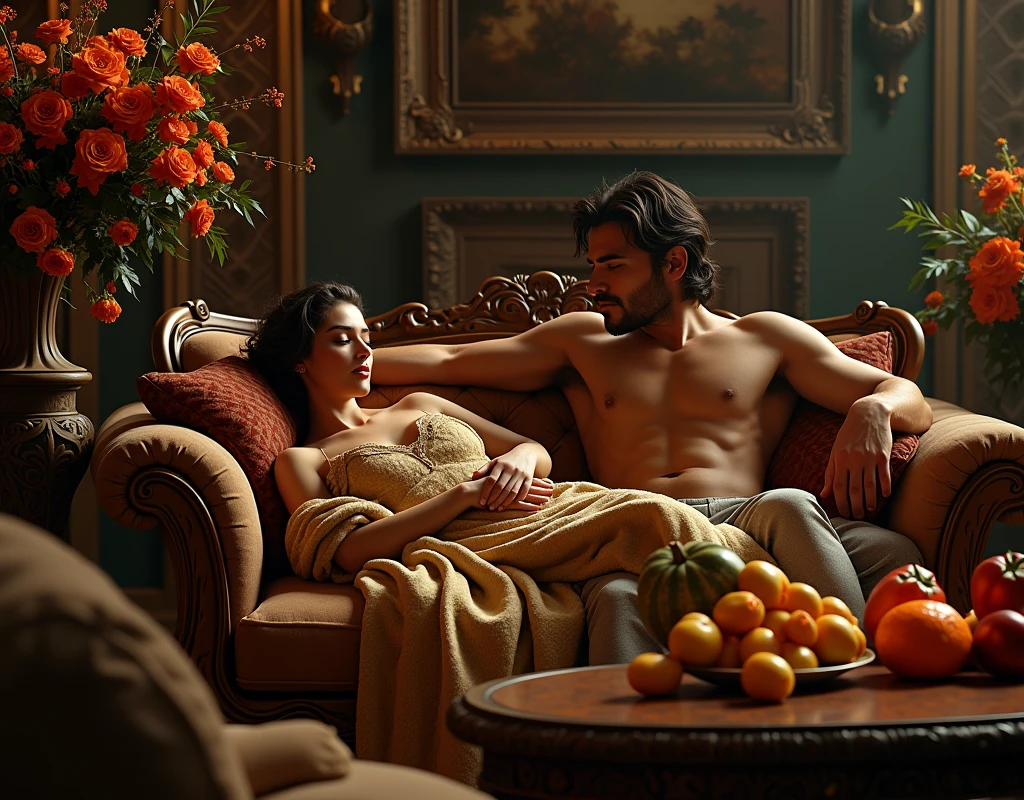 A Moorish woman sleeping on a wooden sofa, her husband is almost naked, she is wearing a tiger fur, on the table there is a plate of delicious fruits, and various flowers, dramatic lighting, wonderful color tones, moody, cinematic, (Best quality, very detailed work, (realistic, photorealistic, realistic: 1.37)dramatic lighting, cinematic composition, dramatic color palette, scale.