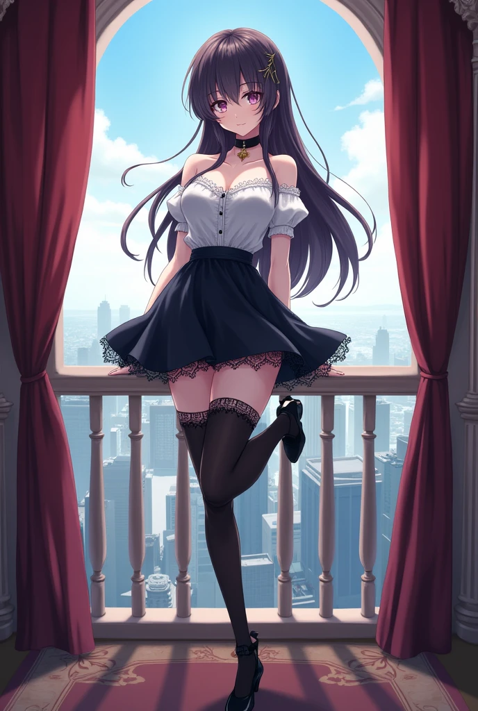 sauce_anime, One girl, alone,Hibiki Tachibana,Symphogear,Black choker,Baggy clothes,White shirt,Black Skirt,Luxury Apartments,balcony,zettai ryouiki,Black Stockings,Exposing shoulders,Earrings,Cleavage,Black Ribbon,Puff sleeves,Conceit, Standing Split,Standing on one leg, Lace trim panties,