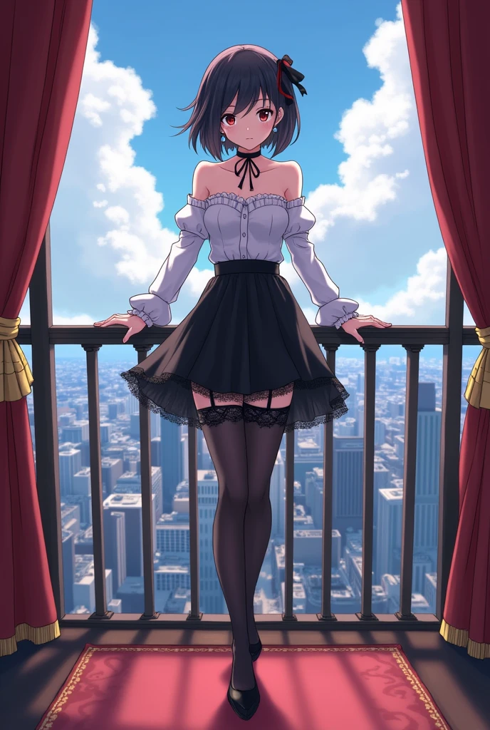 sauce_anime, One girl, alone,Hibiki Tachibana,Symphogear,Black choker,Baggy clothes,White shirt,Black Skirt,Luxury Apartments,balcony,zettai ryouiki,Black Stockings,Exposing shoulders,Earrings,Cleavage,Black Ribbon,Puff sleeves,Conceit, Standing Split,Standing on one leg, Lace trim panties,