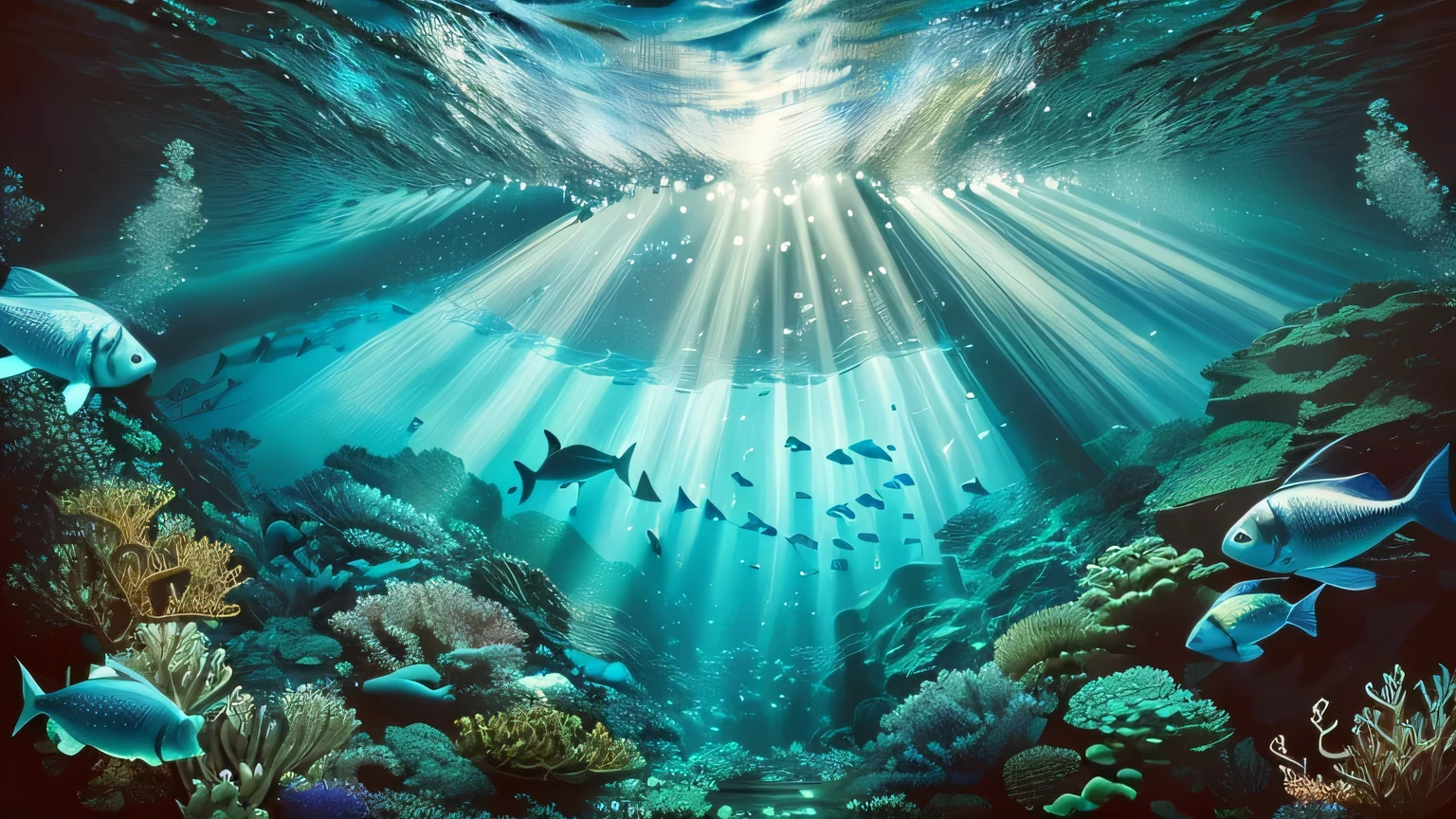 there are many fish swimming together in the ocean, underwater light rays, underwater ocean, underwater scenery, underwater landscape, deep underwater scene, underwater scene, underwater scenery, under&#39;water with corals and fish, undersea environment, underwater perspective, Rays of the sun shine through the water, incredible depth, underwater view, underwater environment, incredible depth, undersea, deep sea landscape