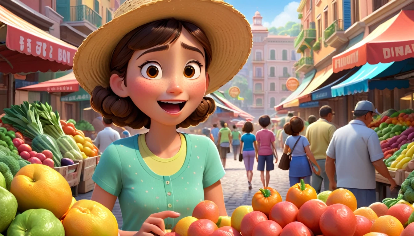 Maria, now a young woman, stands in the bustling marketplace, her hands calloused from years of hard work. She sells fruit and vegetables, her face etched with the worry of providing for her family. Render this scene in the style of Disney Pixar 3D, with a bustling and lively atmosphere. The marketplace should be filled with vibrant colors, sounds, and smells, capturing the energy of daily life.