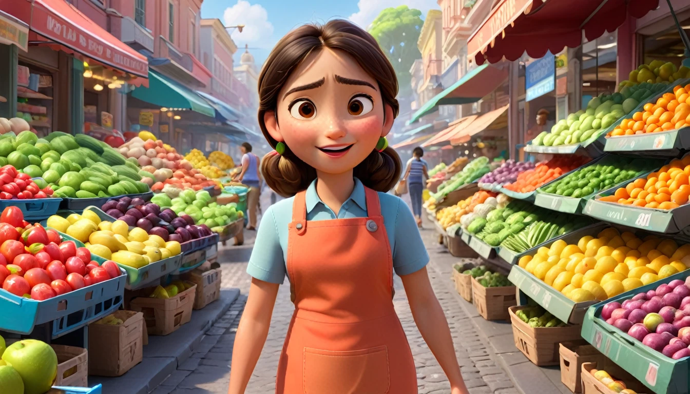 Maria, now a young woman, stands in the bustling marketplace, her hands calloused from years of hard work. She sells fruit and vegetables, her face etched with the worry of providing for her family. Render this scene in the style of Disney Pixar 3D, with a bustling and lively atmosphere. The marketplace should be filled with vibrant colors, sounds, and smells, capturing the energy of daily life.
