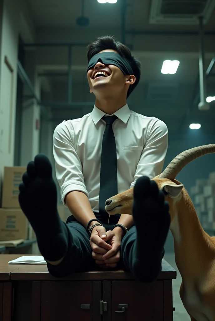Malaysia malay handsome 19 years student
He laugh very hard
His hand handcuff in abondon warehouse
Blindfolded
handcuff
Formal Work Outfit
feet on desk
Black socks
Goat lick his feet