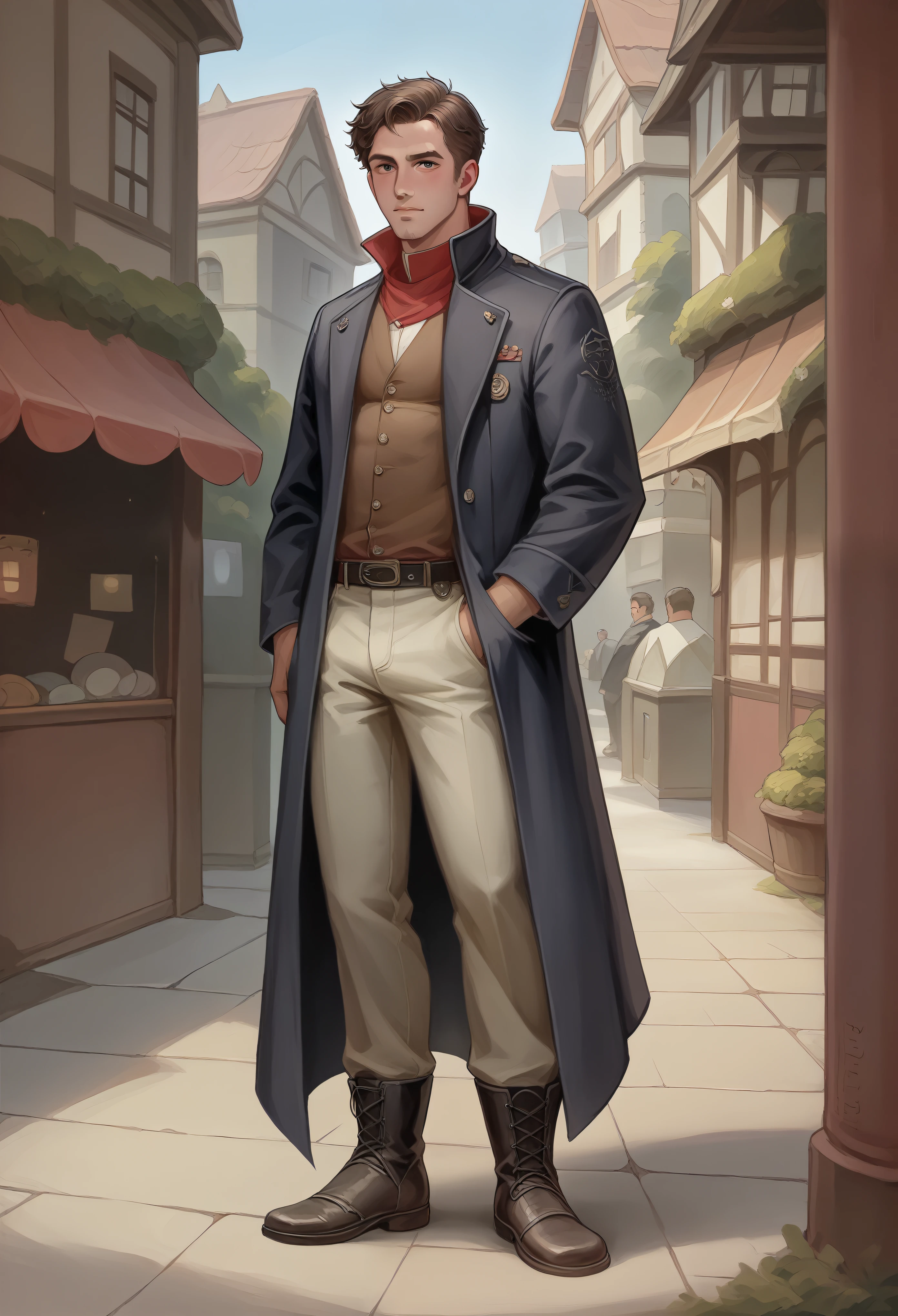 "Create an image of a male character for a visual novel, standing and looking directly at the camera. He has slicked-back, dark brown hair with a few silver strands, and a clean-shaven face. He wears a long, dark coat with a high collar and subtle silver embroidery, giving him an air of authority and mystery. Underneath, he has a tailored vest and a crisp white shirt, along with well-fitted trousers tucked into polished boots. His hands are bare, resting casually by his sides, with one hand near a small, concealed pouch on his belt. His expression is calm and composed, with a hint of sharpness in his eyes that suggests he misses nothing. The background should be a shadowy street corner with a mix of gothic and futuristic architecture, bathed in the soft glow of dim lanterns."