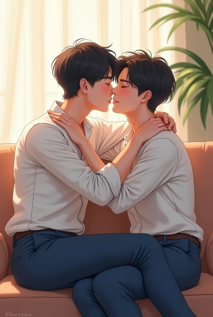 8k, detailed, ART digital , style anime, 2boys, two young people in a loving moment, kissing, Koreans, Both are wearing a white dress shirt and blue dress pants, the boy who is sitting on the other's lap has his hand on his face, both on the couch.